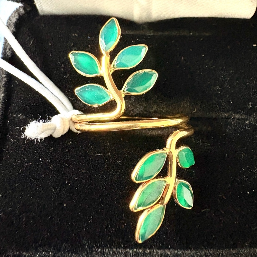 Gold Leaf Wrap Ring with Green Onyx Marquise Stones Made in France
